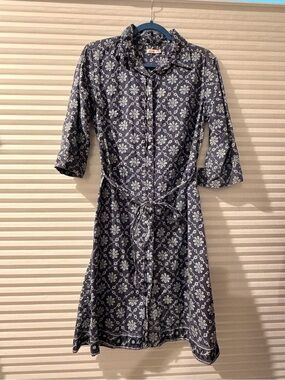 Navy Blue Floral Midi Shirt Dress with Tie Waist